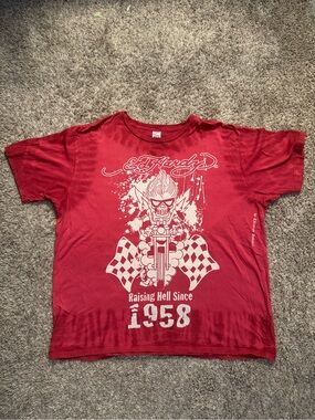 Ed Hardy Red Short-Sleeve Graphic Tee with White Moto Skull Print